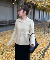 wave buttton collared rib knit cardigan /襟付きワイドリブニットカーディガン
