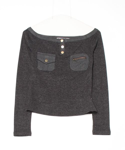 .KOM(ドットコム)の「A'GEM/9 × .kom 『.KOM/ドットケーオーエム』 Off-Shoulder Henley Neck Design Long Sleeve Top/オフショルダー ヘンリーネックデザイン 長袖トップス(Tシャツ/カットソー・レディース・グレー/ブラック/ホワイト・FREE)」の16枚目の写真