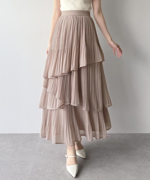 mipiarl（ミピアール）の「ランダムヘムプリーツティアードスカート（スカート・レディース・ブルーグレー/ホワイト/ピンクベージュ/チャコール/ブラック・X-LARGE/LARGE/MEDIUM/SMALL）」の5枚目の写真