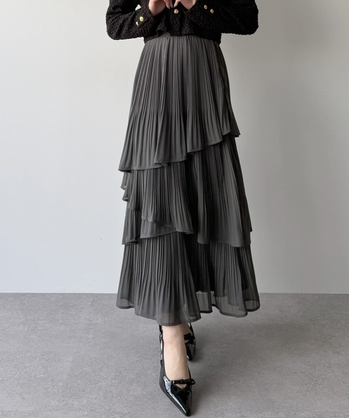 mipiarl（ミピアール）の「ランダムヘムプリーツティアードスカート（スカート・レディース・ブルーグレー/ホワイト/ピンクベージュ/チャコール/ブラック・X-LARGE/LARGE/MEDIUM/SMALL）」の6枚目の写真