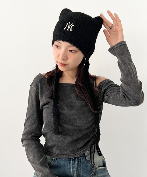 MLB(メジャーリーグベースボール)の「【日本未発売/WEB限定】MLB KOREA(エムエルビーコリア)/猫耳 ねこ耳ビーニー 耳付き ロゴパッチ ワッペン ビーニー ニット帽 フラップニットキャップ/Miyaong Earflap Beanie(ニットキャップ/ビーニー・レディース・ブラウン/クリーム/ブラック・FREE)」の17枚目の写真