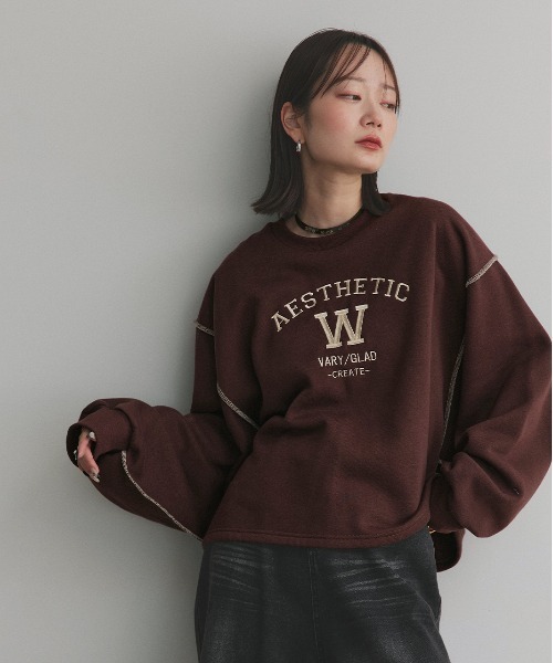 ad thie(アドティエ)の「配色ステッチ・刺繍ロゴ 裏起毛 BIGプルオーバー(スウェット・レディース・ブラック/レッド/ダークブラウン/アイボリー・FREE)」の1枚目の写真