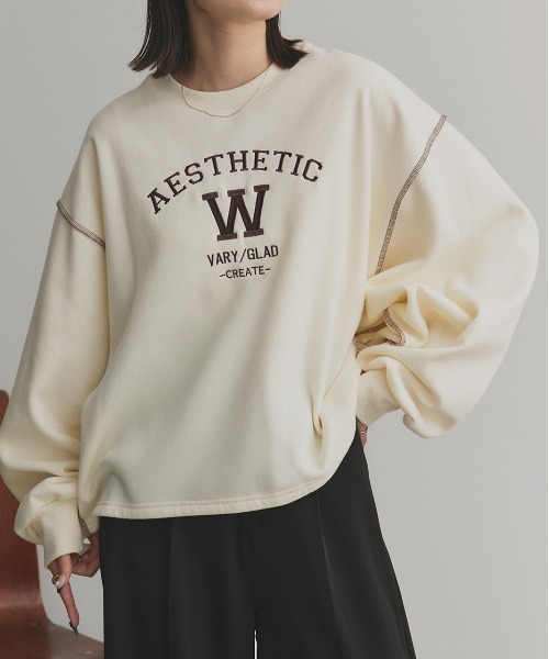 ad thie(アドティエ)の「配色ステッチ・刺繍ロゴ 裏起毛 BIGプルオーバー(スウェット・レディース・ブラック/レッド/ダークブラウン/アイボリー・FREE)」の3枚目の写真