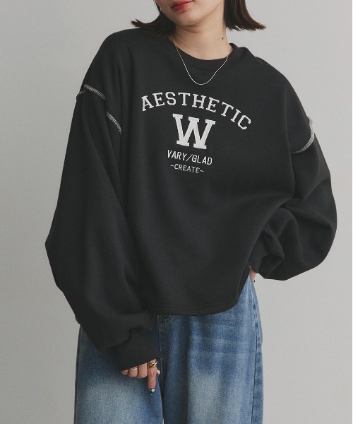 ad thie(アドティエ)の「配色ステッチ・刺繍ロゴ 裏起毛 BIGプルオーバー(スウェット・レディース・ブラック/レッド/ダークブラウン/アイボリー・FREE)」の2枚目の写真