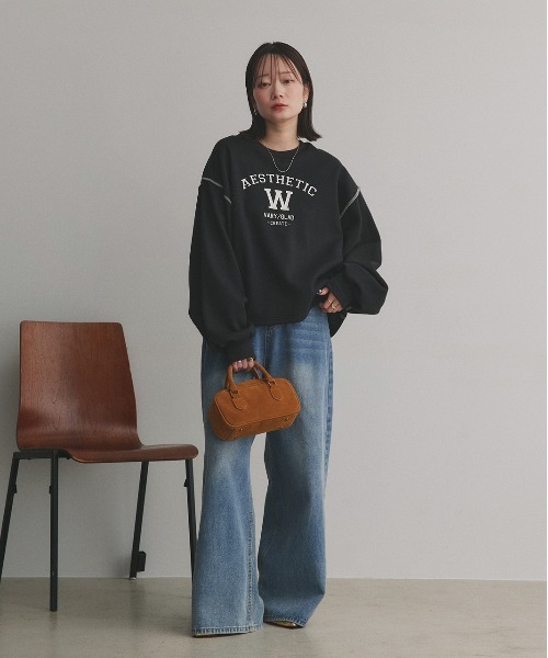 ad thie(アドティエ)の「配色ステッチ・刺繍ロゴ 裏起毛 BIGプルオーバー(スウェット・レディース・ブラック/レッド/ダークブラウン/アイボリー・FREE)」の5枚目の写真