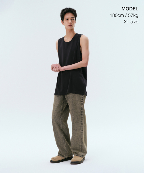 MUSINSA STANDARD（ムシンサスタンダード）の「レイヤードスクープネックスリーブレストップ[ブラック]（Tシャツ/カットソー・メンズ・その他・SMALL/MEDIUM/LARGE/X-LARGE/XX-LARGE/XXX-LARGE）」の2枚目の写真