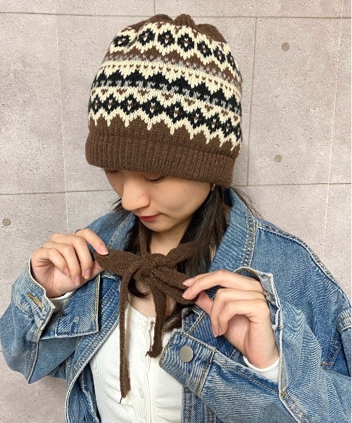 セール】紐付きノルディック柄ニット帽 帽子/バッグ2way（ニット
