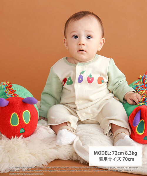 SLAP SLIP BABY（スラップスリップベビー）の「【絵本コラボ-はらぺこあおむし-】袖配色おしりパッチカバーオール(70~80cm)（ロンパース・キッズ・オレンジ/グリーン・70cm/80ｃｍ）」の3枚目の写真