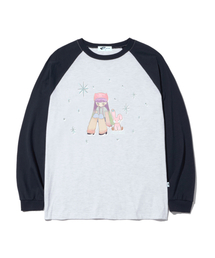 ラビットフレンズイラストプリントオーバーサイズロングスリーブネイビー