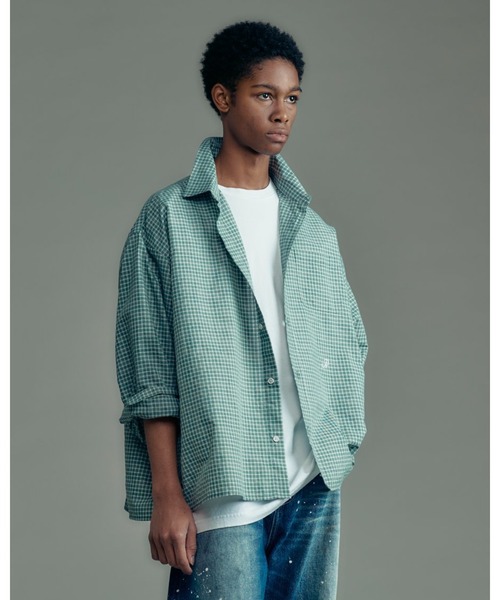 ADAM PATEK(アダムパテック)の「ADAMPATEK/small check wide shirt/スモールチェック刺繍入りワイドボックスシャツ(シャツ/ブラウス・メンズ・グリーン/ブラック・2/1)」の1枚目の写真