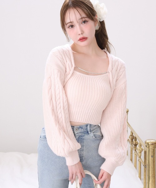 one after another NICE CLAUP（ワンアフターアナザーナイスクラップ）の「ケーブルニットアンサンブル（アンサンブル・レディース・アイボリー/杢グレー/ブラウン/ライトピンク・FREE）」の4枚目の写真