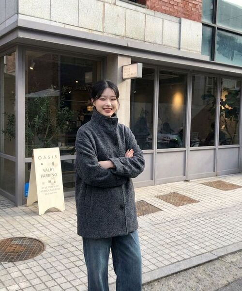 BIBYSEOB（バイバイソプ）の「ブークルウールハーフコートピーチベージュ[T54]（チェスターコート・レディース・ピンクベージュ・FREE）」の6枚目の写真