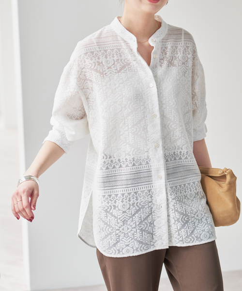 Spick & Span（スピックアンドスパン）の「スタンドカラーレースシャツ（シャツ/ブラウス・レディース・ブラック/ホワイト・FREE）」の2枚目の写真