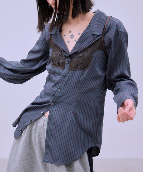 THINGS THAT MATTER（シングス ザット マター）の「STRIPE PIPING SHIRT ENSEMBLE / ストライプ パイピング シャツ アンサンブル（シャツ/ブラウス・レディース・ストライプ・FREE）」の3枚目の写真