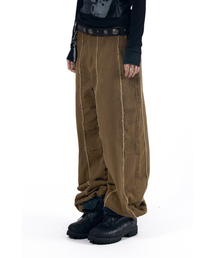 Knee Pin-Tuck Panel Cotton Pants (Brown)