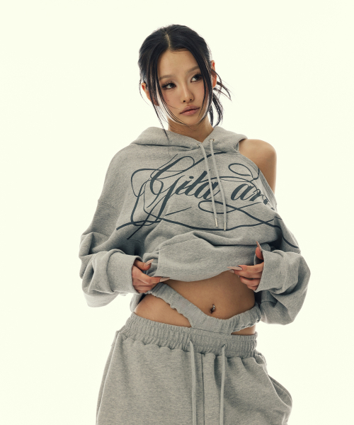 セール】SCRIPT LETTERING ONE SHOULDER HOODED_GREY（パーカー