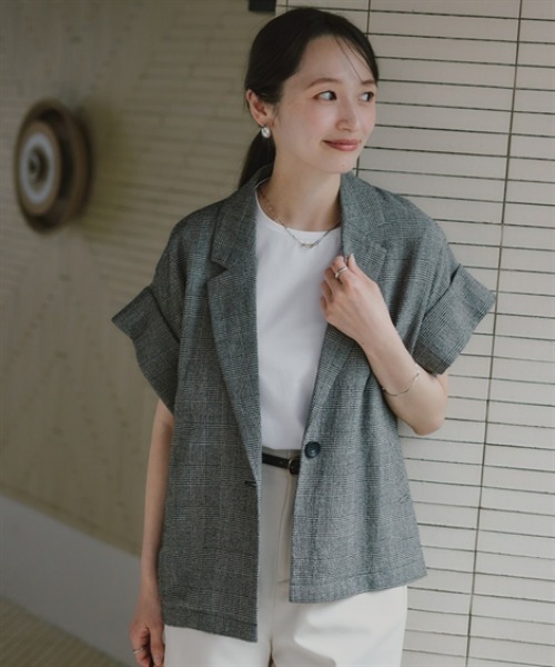 小さいサイズ クレープジャガードハーフスリーブジャケット 低身長さん