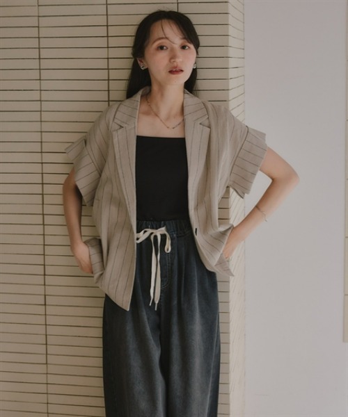 Petitjo(プッチージョ)の「小さいサイズ クレープジャガードハーフスリーブジャケット 低身長さん・小柄女性(テーラードジャケット・レディース・ブラック系・PM/PS)」の6枚目の写真