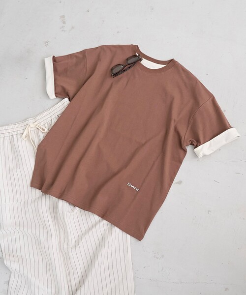 coen(コーエン)の「袖裏配色 ロゴ刺繍Tシャツ(Tシャツ/カットソー・レディース・ピンク/ブラウン/オフホワイト/ダークグレー・L/M)」の3枚目の写真