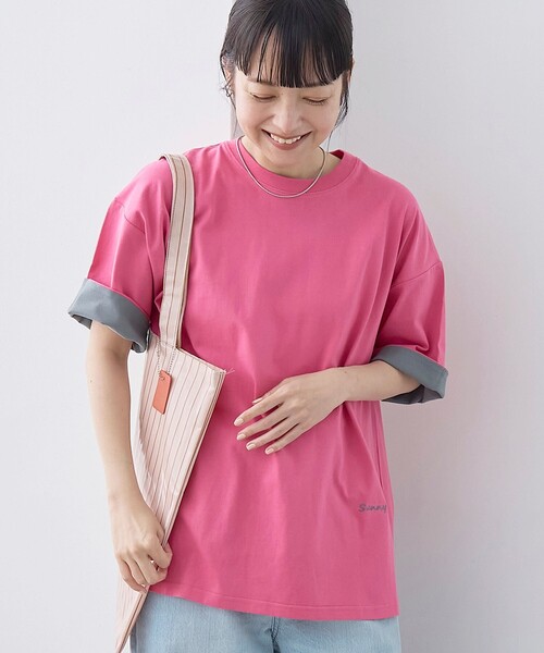 coen(コーエン)の「袖裏配色 ロゴ刺繍Tシャツ(Tシャツ/カットソー・レディース・ピンク/ブラウン/オフホワイト/ダークグレー・L/M)」の4枚目の写真