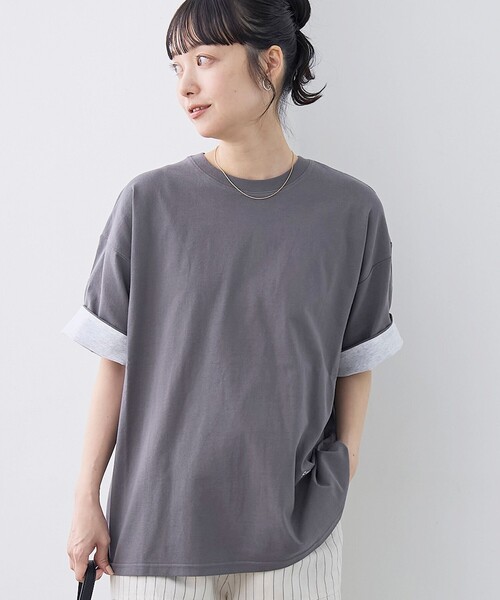 coen(コーエン)の「袖裏配色 ロゴ刺繍Tシャツ(Tシャツ/カットソー・レディース・ピンク/ブラウン/オフホワイト/ダークグレー・L/M)」の2枚目の写真