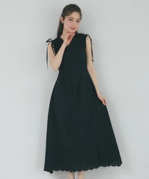 コットンレーススカラップ刺繍ドロストリボンワンピース