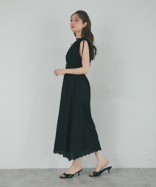 tocco closet（トッコ　クローゼット）の「コットンレーススカラップ刺繍ドロストリボンワンピース（ワンピース・レディース・ブラック/ラベンダー/オフホワイト・M）」の14枚目の写真