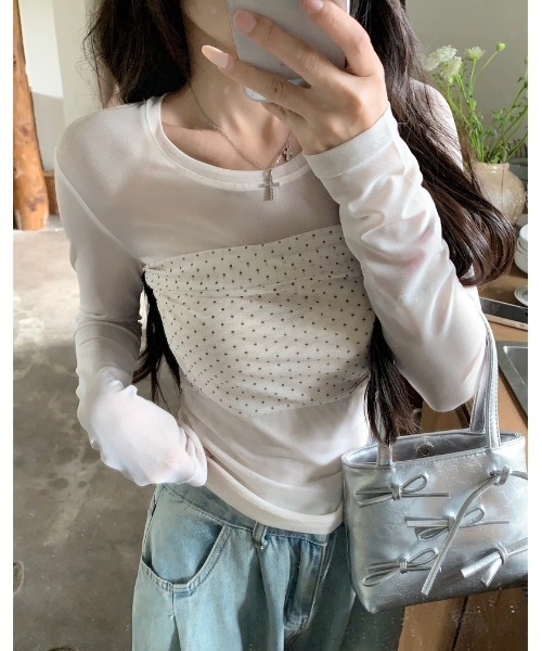LADY LIKE(レディライク)の「【春夏新作】ドット切替えシアーTシャツ(Tシャツ/カットソー・レディース・ホワイト・M)」の1枚目の写真