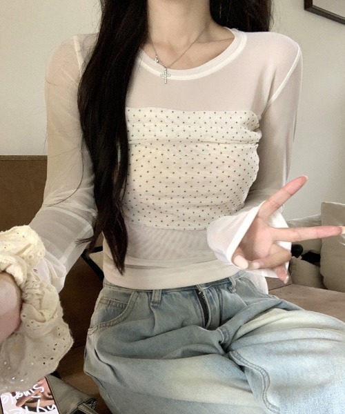 LADY LIKE(レディライク)の「【春夏新作】ドット切替えシアーTシャツ(Tシャツ/カットソー・レディース・ホワイト・M)」の4枚目の写真