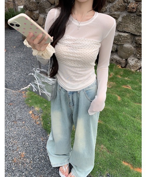 LADY LIKE(レディライク)の「【春夏新作】ドット切替えシアーTシャツ(Tシャツ/カットソー・レディース・ホワイト・M)」の7枚目の写真
