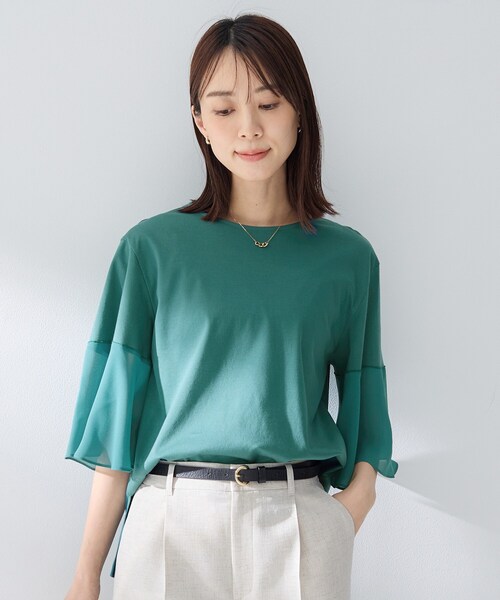 UNTITLED(アンタイトル)の「【洗える/華奢見え】袖シアープルオーバー(Tシャツ/カットソー・レディース・チャコールグレー/グリーン/オフホワイト/ブラック・02/00/50/48/44/04)」の16枚目の写真