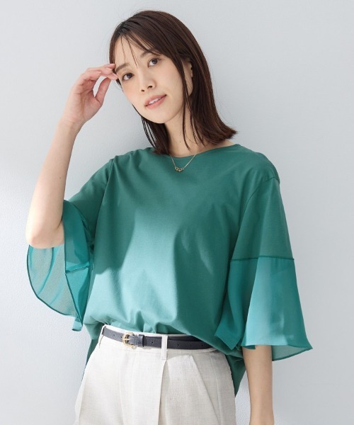 UNTITLED(アンタイトル)の「【洗える/華奢見え】袖シアープルオーバー(Tシャツ/カットソー・レディース・チャコールグレー/グリーン/オフホワイト/ブラック・02/00/50/48/44/04)」の4枚目の写真
