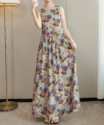 クルーネック プリント ノースリーブ ロングワンピース