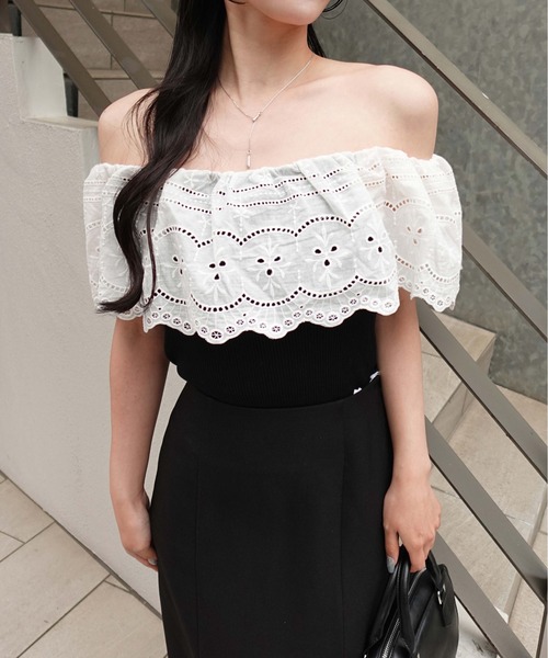 SOELA(ソエラ)の「【INGNI SOELA】コットンレースオフショルニットトップス/WEB限定(ニット/セーター・レディース・ブラック/アイボリー・FREE)」の7枚目の写真