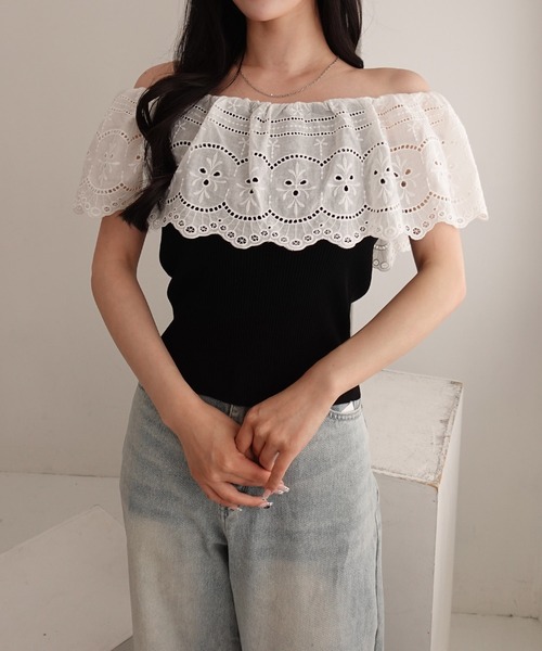 SOELA(ソエラ)の「【INGNI SOELA】コットンレースオフショルニットトップス/WEB限定(ニット/セーター・レディース・ブラック/アイボリー・FREE)」の12枚目の写真