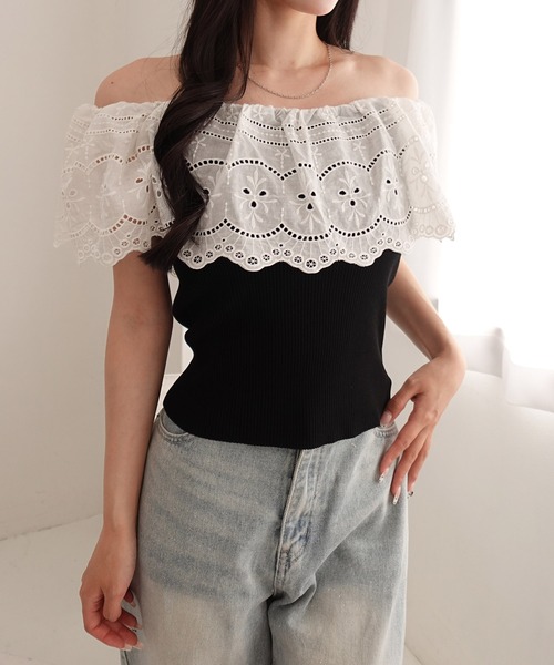 SOELA(ソエラ)の「【INGNI SOELA】コットンレースオフショルニットトップス/WEB限定(ニット/セーター・レディース・ブラック/アイボリー・FREE)」の13枚目の写真