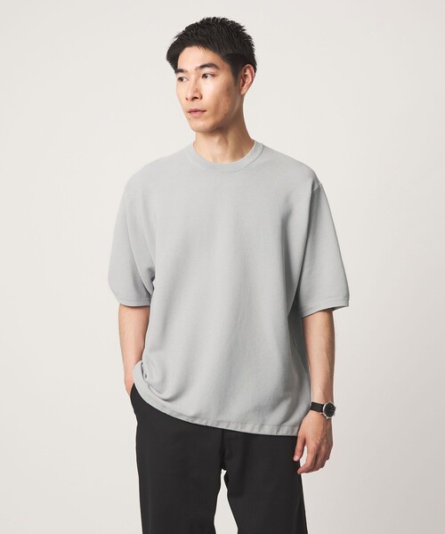 green label relaxing(グリーンレーベルリラクシング)の「ガーター ドローコード 半袖 クルーネック ニット -ウォッシャブル・UVカット・遮熱-(Tシャツ/カットソー・メンズ・ブラック/ライトグレー/ライム・M/XL/L/S)」の6枚目の写真