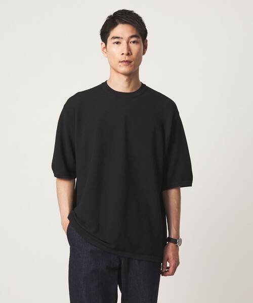 green label relaxing(グリーンレーベルリラクシング)の「ガーター ドローコード 半袖 クルーネック ニット -ウォッシャブル・UVカット・遮熱-(Tシャツ/カットソー・メンズ・ブラック/ライトグレー/ライム・M/XL/L/S)」の8枚目の写真