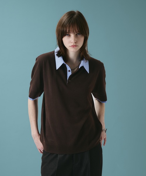 SELLE GLANT（セレグランテ）の「LAYERED KNIT POLO SHIRT / レイヤードライクニットポロシャツ（ポロシャツ・メンズ・ダークブラウン/ブラック・LARGE/MEDIUM/SMALL）」の14枚目の写真