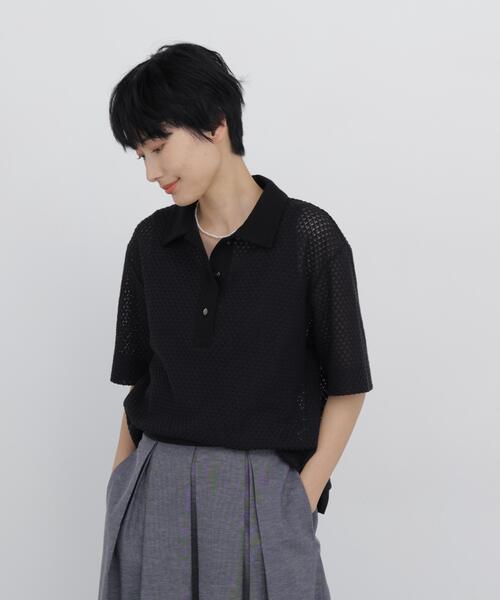 human woman(ヒューマンウーマン)の「◆【清涼アイテム / ウォッシャブル】リーフ格子レース ポロTシャツ(ポロシャツ・レディース・グレー/ブラック・MEDIUM)」の11枚目の写真