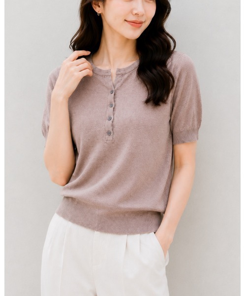 FAZVY(ファズビー)の「スキッパーネック半袖ニット(ニット/セーター・レディース・ネイビー/ブラウン・M)」の2枚目の写真