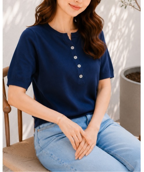 FAZVY(ファズビー)の「スキッパーネック半袖ニット(ニット/セーター・レディース・ネイビー/ブラウン・M)」の9枚目の写真