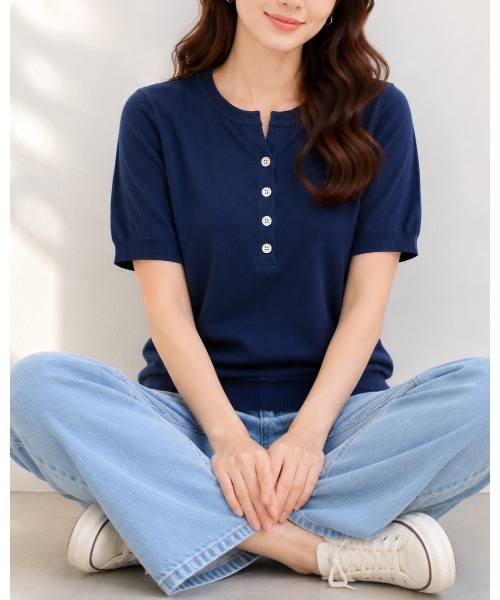 FAZVY(ファズビー)の「スキッパーネック半袖ニット(ニット/セーター・レディース・ネイビー/ブラウン・M)」の11枚目の写真
