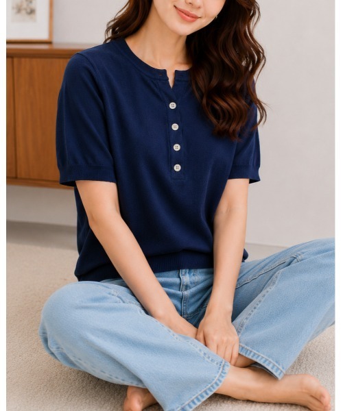 FAZVY(ファズビー)の「スキッパーネック半袖ニット(ニット/セーター・レディース・ネイビー/ブラウン・M)」の12枚目の写真
