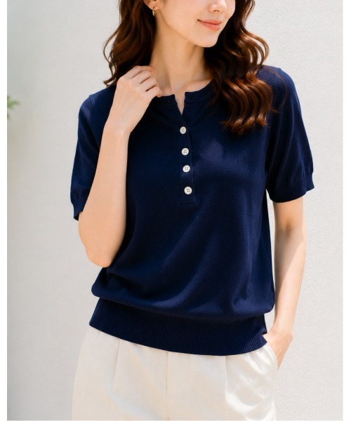FAZVY(ファズビー)の「スキッパーネック半袖ニット(ニット/セーター・レディース・ネイビー/ブラウン・M)」の13枚目の写真