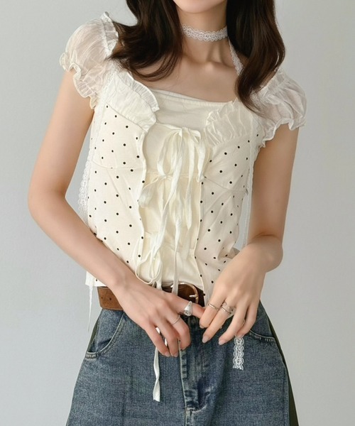 Jewelobe(ジュエローブ)の「レースリボン付き ドットフリルトップス(Tシャツ/カットソー・レディース・ホワイト・FREE)」の2枚目の写真
