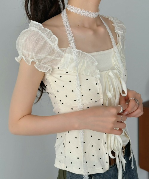Jewelobe(ジュエローブ)の「レースリボン付き ドットフリルトップス(Tシャツ/カットソー・レディース・ホワイト・FREE)」の3枚目の写真