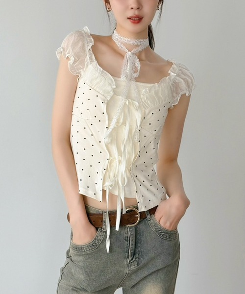 Jewelobe(ジュエローブ)の「レースリボン付き ドットフリルトップス(Tシャツ/カットソー・レディース・ホワイト・FREE)」の4枚目の写真