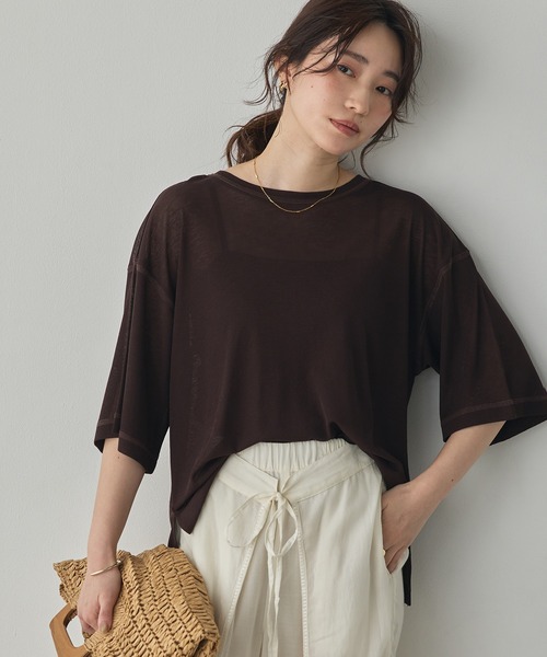 hunch(ハンチ)の「シアーワッフル 微配色ステッチTシャツ(Tシャツ/カットソー・レディース・ダークグリーン/ダークブラウン/オフホワイト/ピンク・FREE)」の1枚目の写真