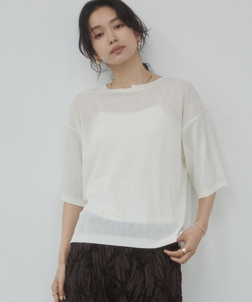 hunch(ハンチ)の「シアーワッフル 微配色ステッチTシャツ(Tシャツ/カットソー・レディース・ダークグリーン/ダークブラウン/オフホワイト/ピンク・FREE)」の2枚目の写真